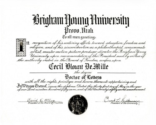 Brigham Young University bestowed an honorary Doctor of Letters degree on Cecil B. DeMille in 1957